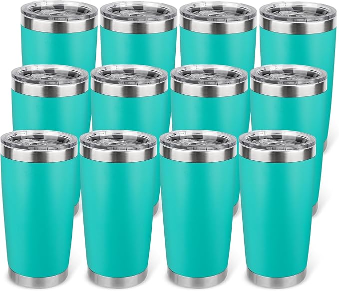 20oz Stainless Steel Tumbler Bulk with Lid, Travel Mug - Double Wall Vacuum Powder Coated Cup - Light Green, 12 Pack by Unknown