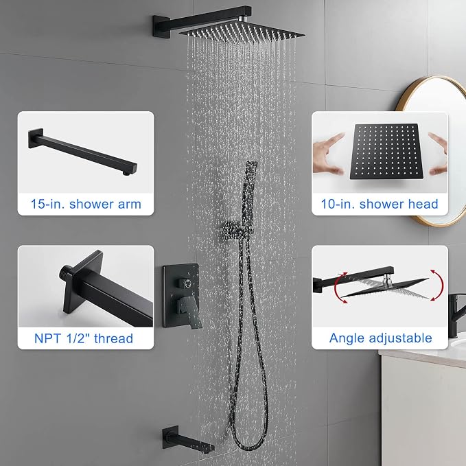ROVOGO Bathtub Shower Faucet Set with Valve, Shower System with Tub Spout, 10-in. Rain Shower and Handheld, Square Shower Fixtures All Metal Wall Mount, Black - Image 5