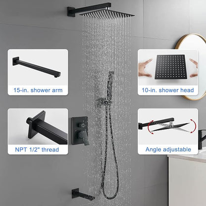 ROVOGO Bathtub Shower Faucet Set with Valve, Shower System with Tub Spout, 10-in. Rain Shower and Handheld, Square Shower Fixtures All Metal Wall Mount, Black - Image 5