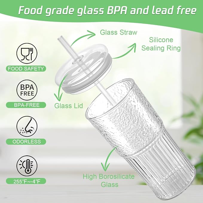 Luiaiog Glass Cups with Lids and Glass Straws, High Borosilicate 20OZ Tumblers (2Pcs) for Coffee, Tea, Juice, Smoothies, Hot/Cold Drinks at Home, Office（Creative Drink Label Design） - Image 3