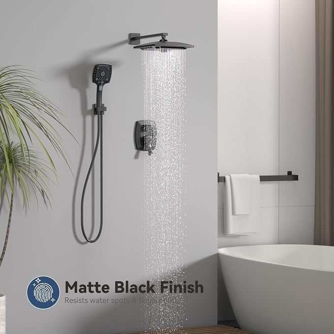 ELLO&ALLO Matte Black Bathroom Shower Faucet Set with Valve, Rainfall Shower Head with Handheld Combo - Image 4