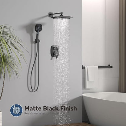 ELLO&ALLO Matte Black Bathroom Shower Faucet Set with Valve, Rainfall Shower Head with Handheld Combo - Image 4