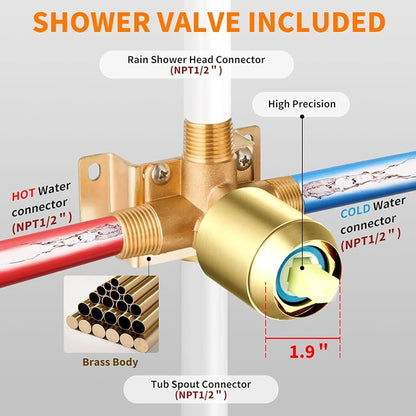 Brushed Gold Tub Shower Faucet Set Complete with 8-Inch Rainfall Shower Head and Tub Spout Included Shower Valve Tub Shower Trim Kit Matte Black - Image 7