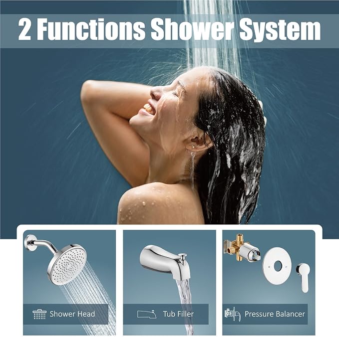 Aolemi Tub Shower Faucet Set With Valve Wall Mount Shower Trim Kit 6 Inch Bathtub Fixtures Rough-in Valve Single-Spray Shower Head System 5.3 Inch Tub Spout Polish Chrome Modern - Image 3