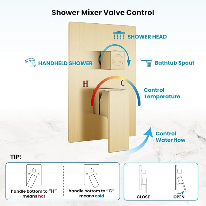 gotonovo Shower System with Tub Spout,Waterfall Tub Shower Faucet Set for Bathroom Head and Handle Set Wall Mounted 3 Function Rough-in Valve and Trim Included 10 inch Shower Head Brushed Gold - Image 5