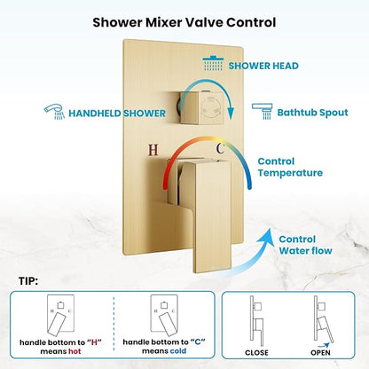 gotonovo Shower System with Tub Spout,Waterfall Tub Shower Faucet Set for Bathroom Head and Handle Set Wall Mounted 3 Function Rough-in Valve and Trim Included 10 inch Shower Head Brushed Gold - Image 5