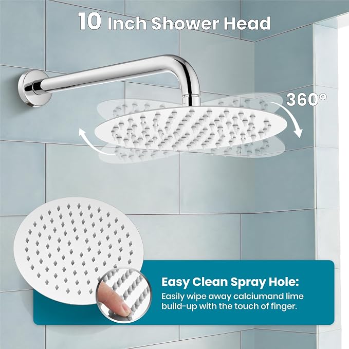 gotonovo Shower System with Tub Spout Wall Mount 3 Function Rough-in Valve Bathtub Shower Faucets Set Complete Rain 10 Inch Round Showerhead Trim Kit Combo, Cylindrical Handheld, Polish Chrome - Image 5