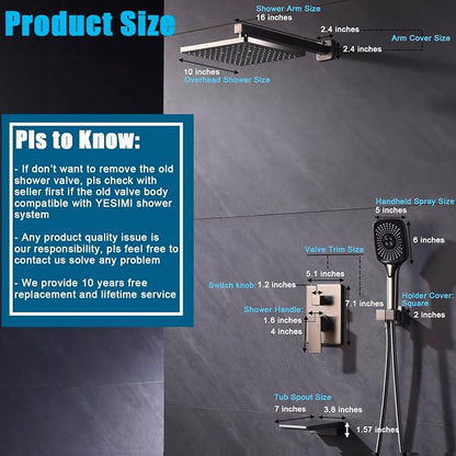 Shower System with Tub Spout 10 Inch Overhead Shower 4 Setting Handheld Spray Rough In Pressure Balance Valve Body with Trim Kit Wall Mounted Rainfall Bathtub Shower Faucet Set (Brushed Nickel) - Image 2