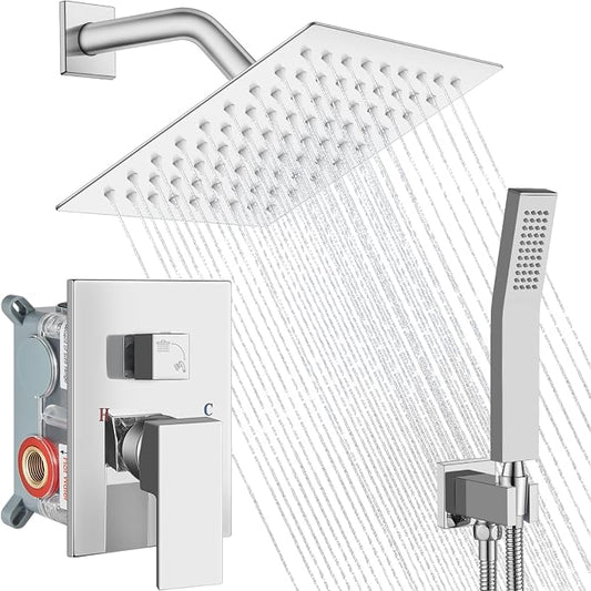 Midanya Shower Faucet Set,Wall Mount Shower System with Square Rain Shower Head and Hand Sprayer, Rough-in Valve Body and Trim Kit Included,8 Inch,Polish Chrome by Midanya