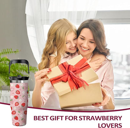 Red Strawberry Tumbler 30oz with Handle - Cute Strawberry Design Water Bottle, Insulated Stainless Steel Cup for Women & Girls, Leakproof Travel Mug, Sweet Birthday Gift for Her - Image 7