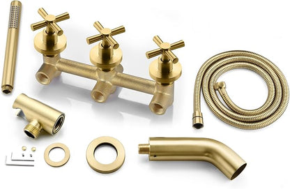 SUMERAIN Waterfall Wall Mount Tub Faucet with Hand Shower Sprayer, 3 Handle Tub Shower Faucet with Rough in Valve Brushed Gold Finish - Image 9