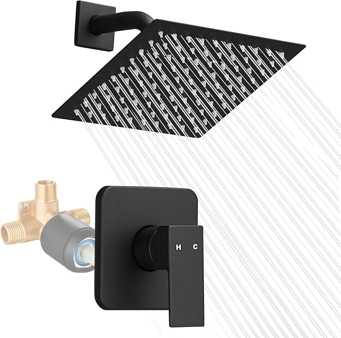Black Shower Head And Faucet Set Complete With Valve Shower Fixtures With 8 Inch High Pressure Rain Shower Head Trim kit Regaderas Para bBaño Modernas by APROMOOM
