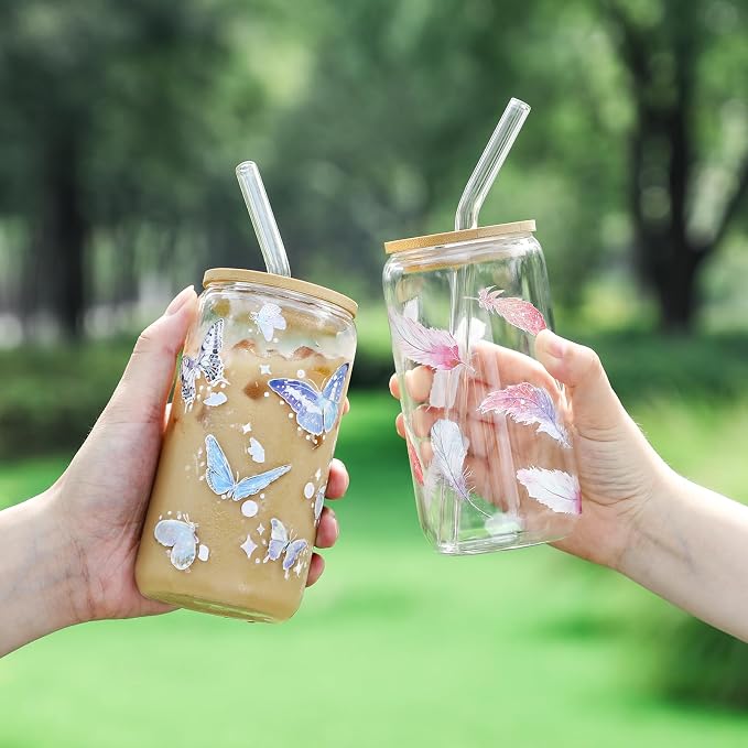 2 Pack Glass Cups with Bamboo Lids and Straws 16 oz, Gifts for Women, Drinking glasses set, Iced Coffee, Tea Cup, Cute Aesthetics Tumbler Cup, Mothers Day, Birthday Gifts for Her Mom - Image 2