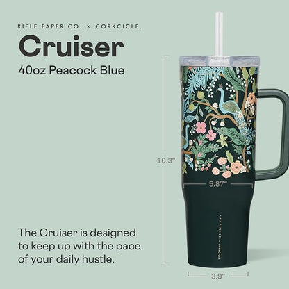 Corkcicle x Rifle Paper Co. Cruiser Insulated Tumbler with Handle & Straw - Keeps Drinks Cold 20 Hours - BPA-Free - Gift for Mom - Great for Mother's Day or Christmas - 40 oz - Peacock Blue - Image 2