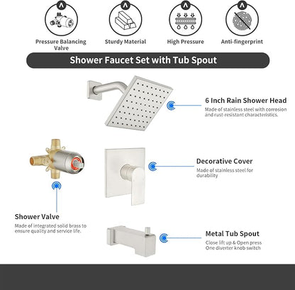 Brushed Nickel Shower Faucet Set, 6 Inch Rain Shower Head and Tub Spout, Shower Fixtures with Tub Spout, Tub and Shower Trim Kit - Image 2