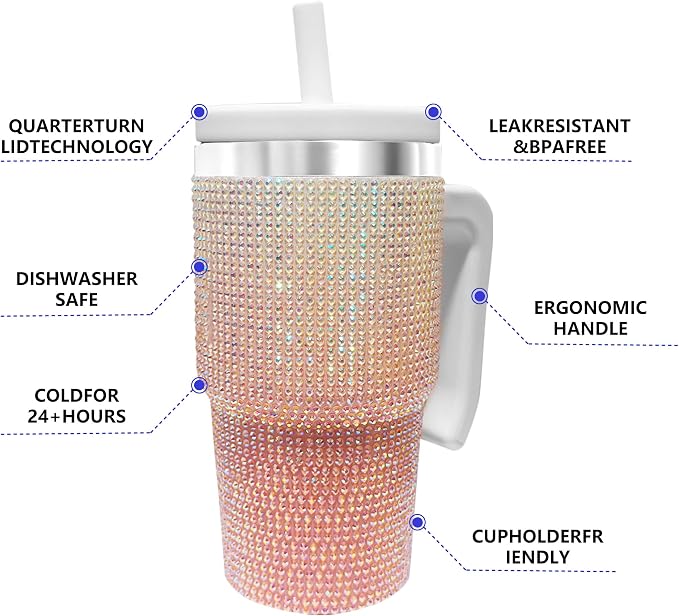 20-OZ Insulated Water Bottle,Insulated Stainless Steel Tumbler,Reusable Cold Drink Thermos,BPA-Free, Double-Wall Stainless Steel Water Bottle (Pink White Gradient-Diamond, 20, Fluid Ounces) - Image 5