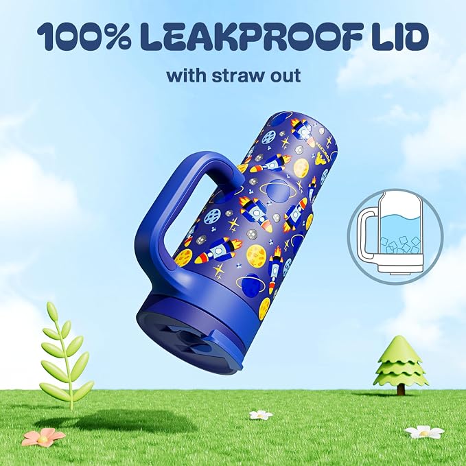 24 oz Stainless Steel Tumbler for Children: Durable Handle, Easy to Clean, Straw Gulp Lid, Car Cup Holder Friendly, Insulated Cup for Sport, Hiking, Carry, Adventures, Bag, Classroom (Space Rocket) - Image 3