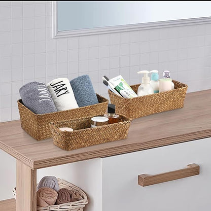 3 Natural Wicker Basket Set Rectangular Handwoven Seagrass Basket Storage Bins - Image 3