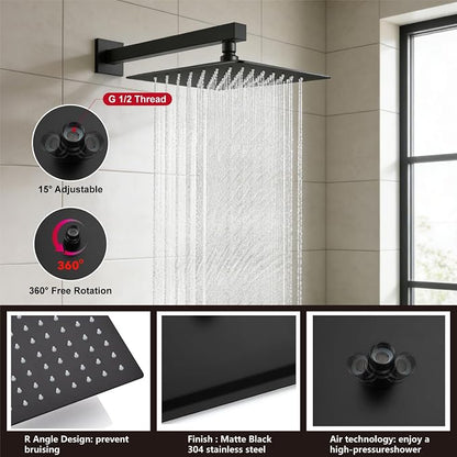 Midanya Shower System with Tub Spout,Bathtub Shower Faucet Set with Square Rainfall Head and Handheld Sprayer Wall Mount Tub Faucet Set with Valve and Trim Kit,12 Inch Matte Black - Image 7