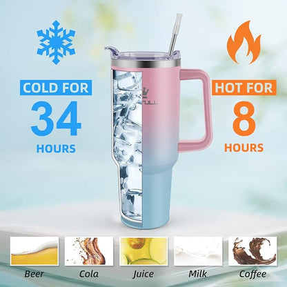 40 oz Tumbler with Handle and Straw Lid, 100% Leak-proof Travel Coffee Mug, Stainless Steel Insulated Cup For Beverages, Keeps Cold for 34Hrs or Hot for 10Hrs, Dishwasher Safe (PinkBlue) - Image 4