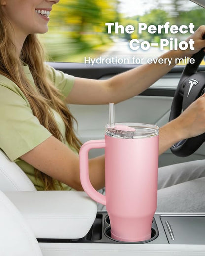 Renoj Insulated Mug 100% Spill Resistant Insulated Water Bottle for Iced Coffee & Hot Drinks - Fits Car Cup Holder, Ideal Gift, 2 Straws & Silicone Boot - FlexSlide Pink 32 oz - Image 2