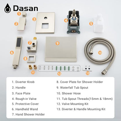 Upgraded Wall Mount Tub Filler Faucet with Handheld Shower, DASAN Modern Wall Mounted Bathtub Faucet Brushed Nickel High Flow Waterfall Tub Faucet with Rough in Valve, SA-TF04WH-BN - Image 8