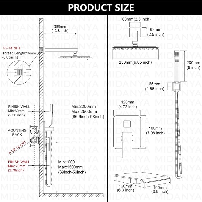 Midanya Rain Shower System with Tub Spout,Tub Shower Faucet Set with rainfall Shower Head and Handheld Spray,Wall Mount Tub Shower Combo Rough-in Valve Included,10 Inch Matte Black - Image 6