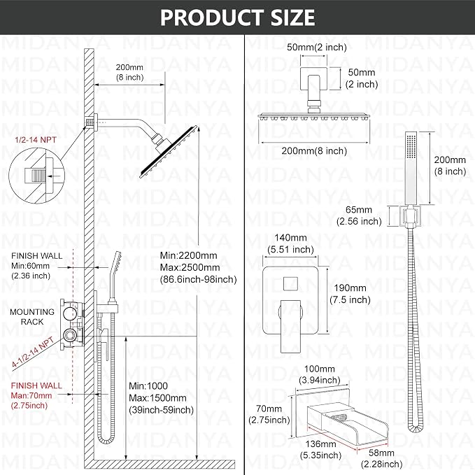 Midanya Rain Shower System Tub Shower Faucet Set Square Rainfall Waterfall Shower Head with Handheld Sprayer Tub Spout Combo Wall Mounted bathtub faucet set Rough-in Valve, 8 Inch Brushed Nickel - Image 5