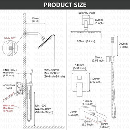 Midanya Rain Shower System Tub Shower Faucet Set Square Rainfall Waterfall Shower Head with Handheld Sprayer Tub Spout Combo Wall Mounted bathtub faucet set Rough-in Valve, 8 Inch Brushed Nickel - Image 5