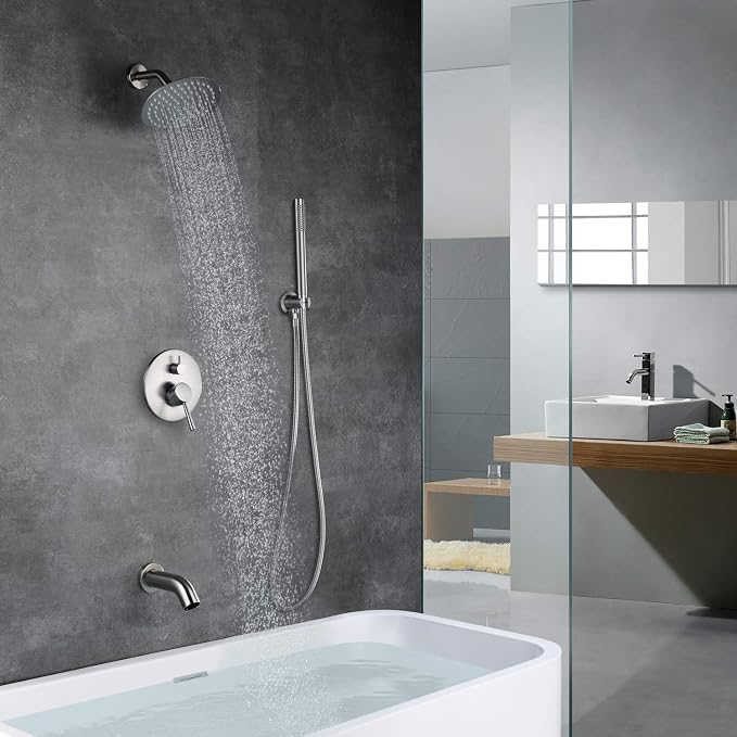Brushed Nickel Shower System with Waterfall Tub Spout, 8 Inches Rain Shower and Handheld - Image 5
