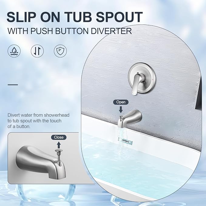 Shower Faucet with Valve, Brushed Nickel Bathroom Tub Shower Faucet Kit, Single Handle Rain Shower Head with Tub Spout, Solid Brass Shower Tub Faucet Set Complete, Bathtub Faucet with Shower - Image 5