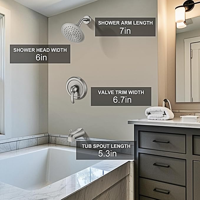 Tub Shower Faucet Set with Valve, 6-Inch Shower Head and Handle Set Brushed Nickel, Single-Handle Tub and Shower Trim Kit with Touch-Clean Rain Shower Head and Tub Spout - Image 3