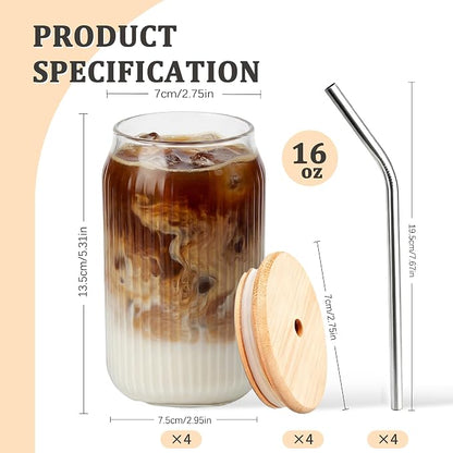 4 Packs Ribbed Glass Tumbler with Lid and Straw 16 oz Cute Ice Coffee Cup Set for Smoothie Juice Matcha Tea Latte Cappuccino Espresso Hot Coffe Water Reusable Clear Travel Boba Aesthetic Drinking Mug - Image 2
