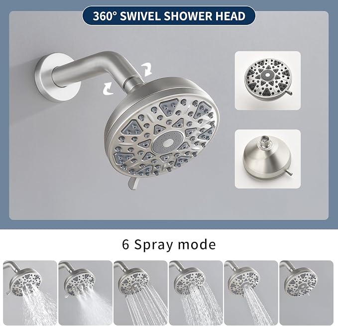 3 Handles Shower Faucet Set with Tub Spout Bathtub Shower Faucets Combo Set Shower System Complete Tub and Shower Trim Kit Brushed Nickel Shower Fixtures Brushed Nickel Shower Set - Image 4