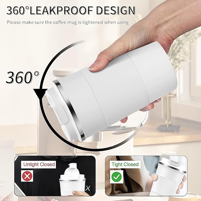 YINBAOGE Insulated Travel Coffee Mug, Spill & Leak Proof, Portable To Go Camping Stainless Steel Coffee Tumbler, Reusable Thermal Coffee Cup with Lid for Hot & Cold Drinks (White, 17 OZ) - Image 4
