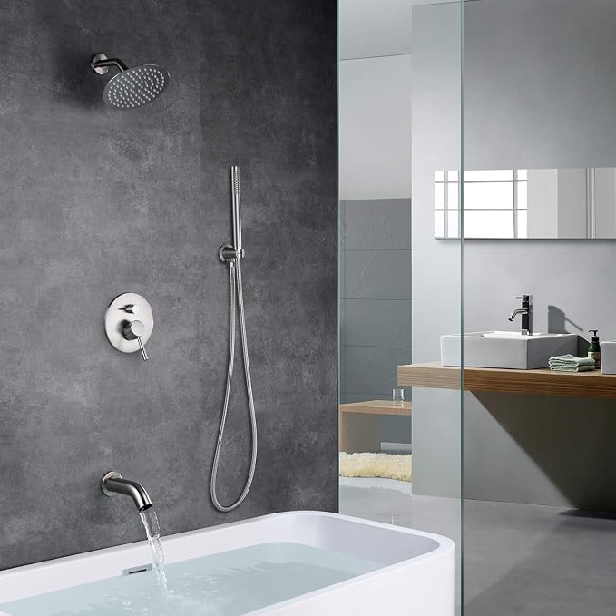 Brushed Nickel Shower System with Waterfall Tub Spout, 8 Inches Rain Shower and Handheld - Image 4