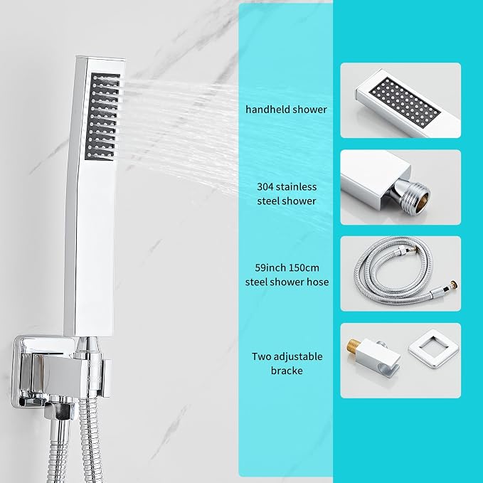10 Inch Shower Faucet Set, Ceiling Mounted Rainfall Shower System with High Pressure Handheld Shower Head, Bathroom Mixer Rough-in Valve and Trim Shower Kit, Polished Chrome, with Tub Spout - Image 3