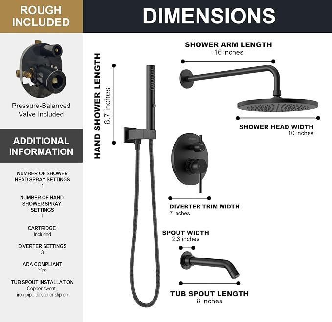 Lava Odoro Modern 3-Setting Round Rain Bathtub and Shower Faucet Set, Black Rainfall Shower Head and Handle Set, Rain Shower System with Tub Spout, Shower Valve Trim Kit, Matte Black, SF104-MB-T - Image 6