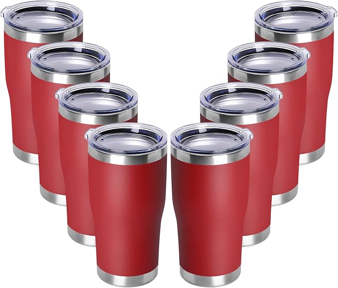 DOMICARE 20oz Tumbler with Lid Stainless Steel Tumblers Bulk, Double Wall Vacuum Insulated Coffee Travel Mug Powder Coated Tumbler,8 Count (Pack of 1) Red by VisittheDOMICARE
