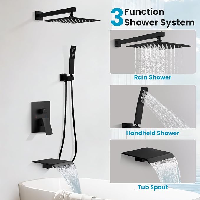 gotonovo 10'' Rain Shower Faucet System Rainfall Shower Head with Handheld Sprayer Waterfall Tub Spout Wall Mounted Mixer Combo Rough-in Valve and Trim Included 5.7 Inch Wide Spout Matte Black - Image 2