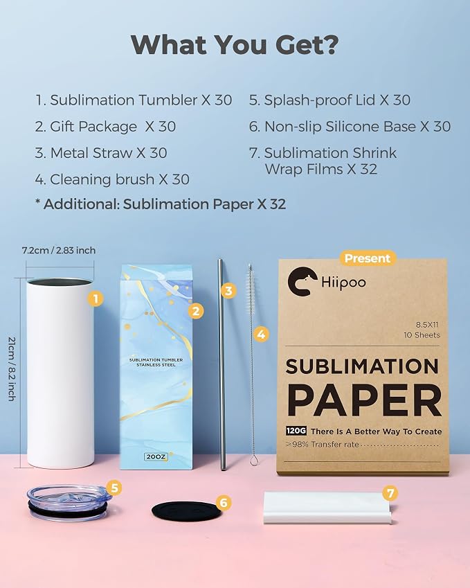 Hiipoo 30 Pack Sublimation Tumblers Blank 20 oz Straight Skinny with Sublimation Papers, Lids and Straws, Shrink Wrap Films, Stainless Steel Double Wall Insulated Tumbler for Mug Press Machine - Image 2