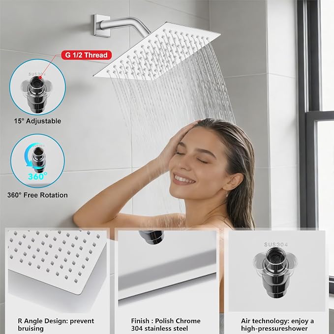 Midanya Rain Shower System Tub Shower Faucet Set Square Rainfall Waterfall Shower Head with Handheld Sprayer Tub Spout Combo Wall Mounted bathtub faucet set Rough-in Valve, 8 Inch Polish Chrome - Image 8