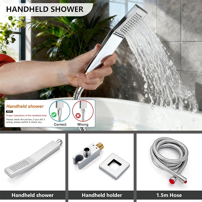 Midanya Rain Shower System Tub Shower Faucet Set Square Rainfall Waterfall Shower Head with Handheld Sprayer Tub Spout Combo Wall Mounted bathtub faucet set Rough-in Valve, 8 Inch Polish Chrome - Image 7