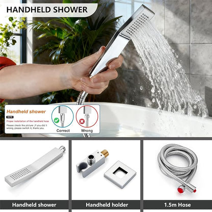 Midanya Rain Shower System Tub Shower Faucet Set Square Rainfall Waterfall Shower Head with Handheld Sprayer Tub Spout Combo Wall Mounted bathtub faucet set Rough-in Valve, 8 Inch Polish Chrome - Image 7