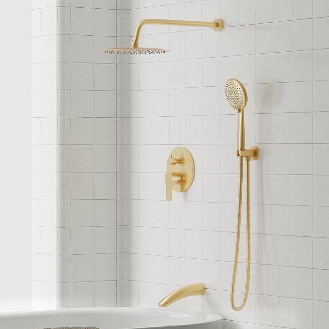 Gabrylly Shower System with Tub Spout, Bathtub Shower Faucet Set with 10" Rain Shower head and 5-Setting Handheld Shower, Wall Mounted Shower Fixtures with Pressure Balance Shower Valve, Brushed Gold - Image 3
