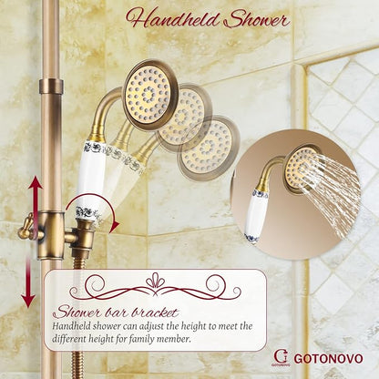 gotonovo Shower Fixture Faucet Set Complete Antique Brass Exposed Pipe Shower System 8 Rain Shower 2 Double Knobs Handle Triple Function Tub Spout Shower Combo Unit Set - Image 4