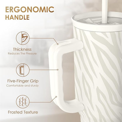 SANDJEST Zebra Skin 40oz Slider Tumbler with Handle and Straw - Insulated Stainless Steel Travel Coffee Mug for Women Girls, Gift for Birthday, Christmas - Image 3