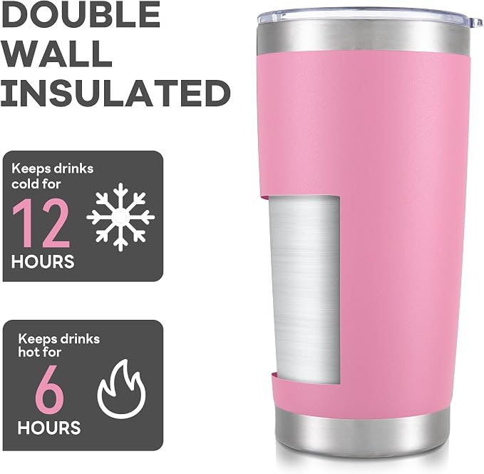 20 oz Tumbler with Lid Stainless Steel Insulated Tumblers Bulk Double Wall Vacuum Cups Powder Coated Travel Mug Keep Drink Cold and Hot, Pink, 8 Pack - Image 3