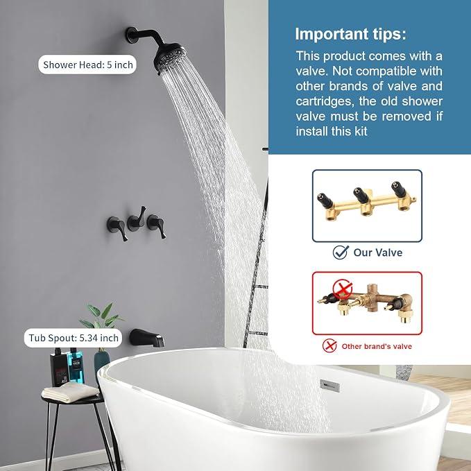 Matte Black 3 Handles Shower Faucet Set with Tub Spout Bathtub Shower Faucets Combo Set Shower System Complete Tub and Shower Trim Kit Shower Fixtures - Image 2