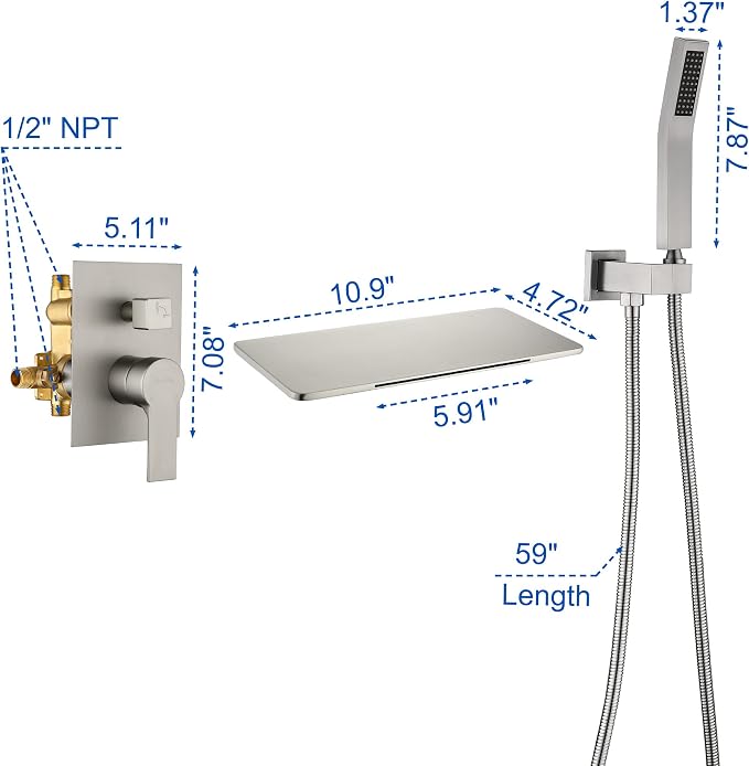 SHAMANDA Waterfall Bathtub Faucet with Sprayer, Wall Mount Tub Filler with Hand Shower, Single Handle Tub Faucet with Handheld ShowerHead(Rough-In Valve Body and Trim Included), Brushed Nickel, L902-2 - Image 8